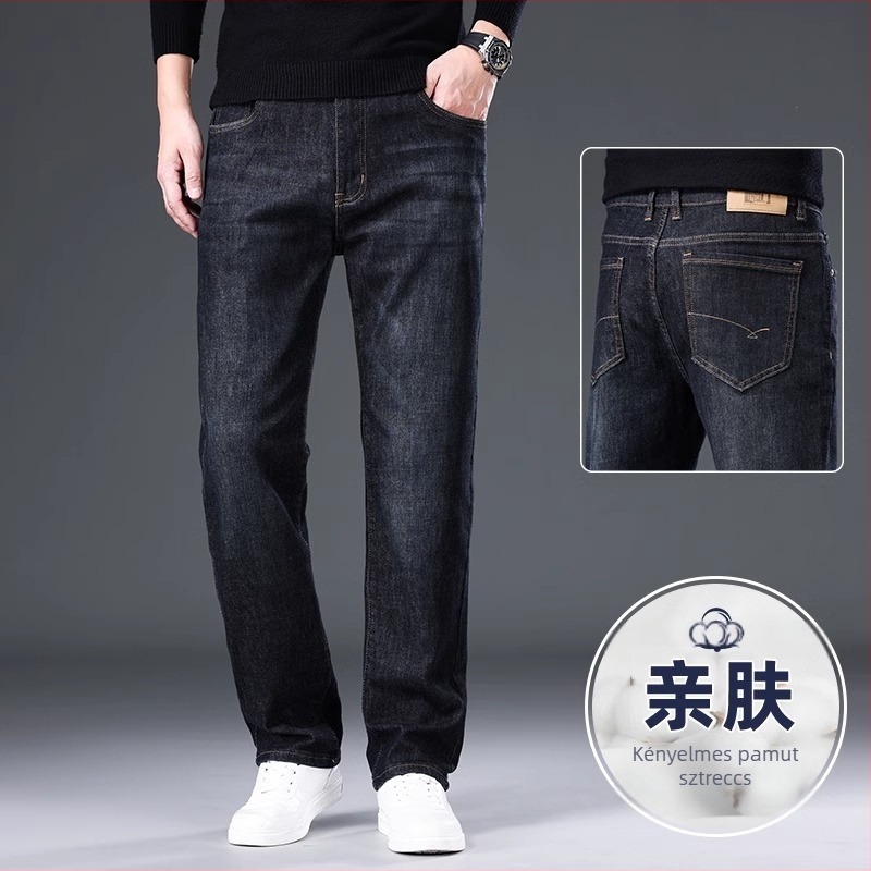 Férfiaknak fekete farmernadrág, lazán szabott egyenes szabás, elasztikus denim, 2025 tavasz–ősz
