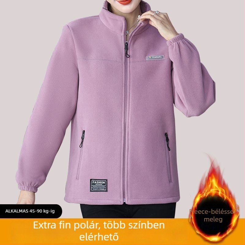 Női fleece kabát kapucnival és álló gallérral, csíkos mintázat, 100% pamut anyag, poliészter bélés