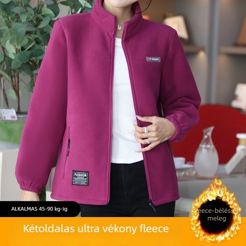 Női fleece kabát kapucnival és álló gallérral, csíkos mintázat, 100% pamut anyag, poliészter bélés