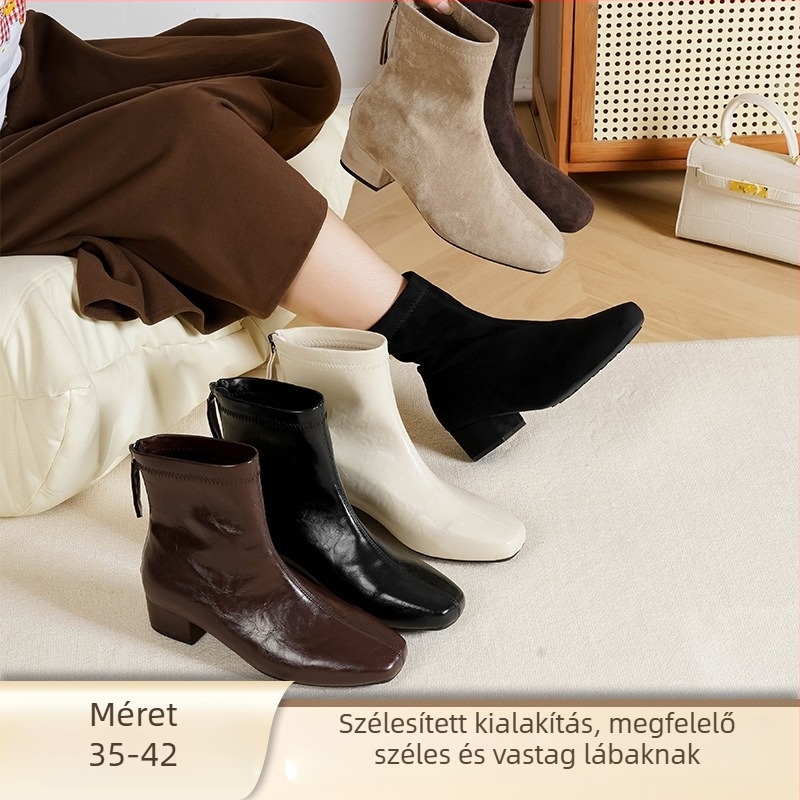 Love Milan Női Koreai Stílusú Vastag Sarkú Bakancs, Szögletes Orr, Hátsó Cipzár, 3–5 cm magas sarkú