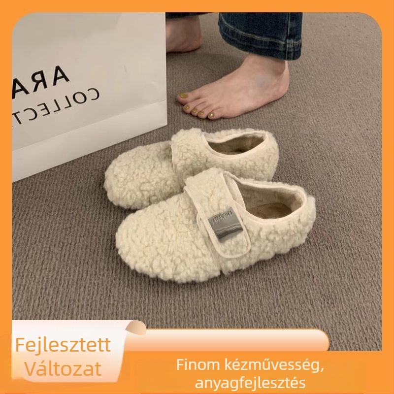 Női lapos cipő mesterszőrrel a felső részén és belső részében, Velcro-zár, gumitalp, alacsony sarok