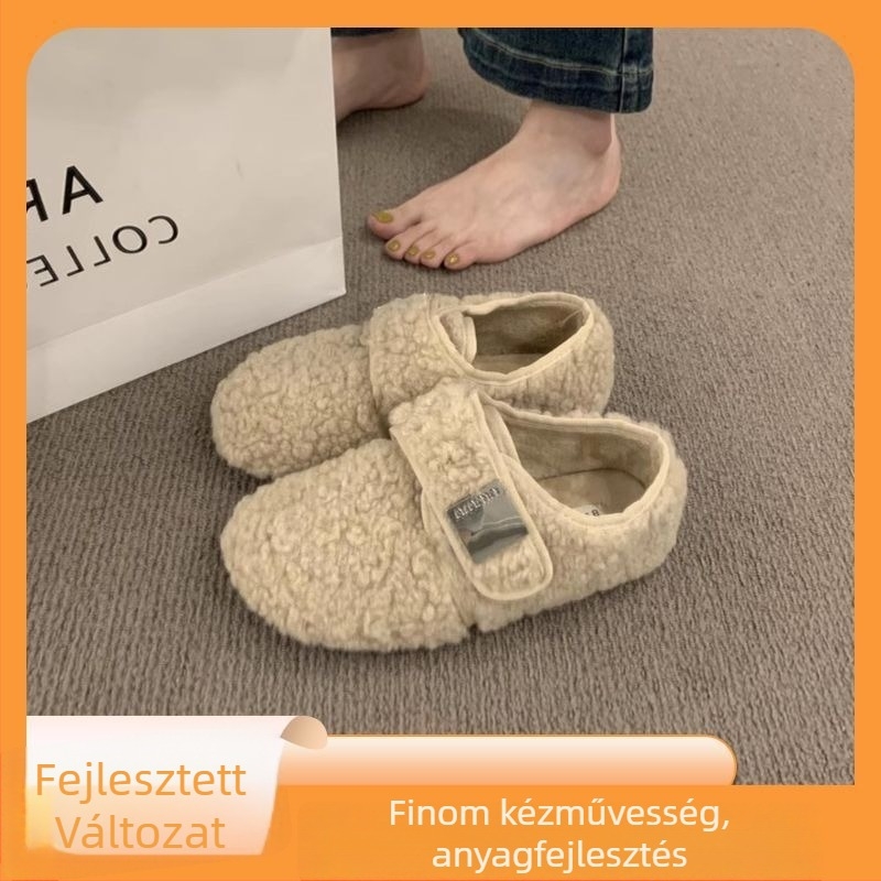 Női lapos cipő mesterszőrrel a felső részén és belső részében, Velcro-zár, gumitalp, alacsony sarok