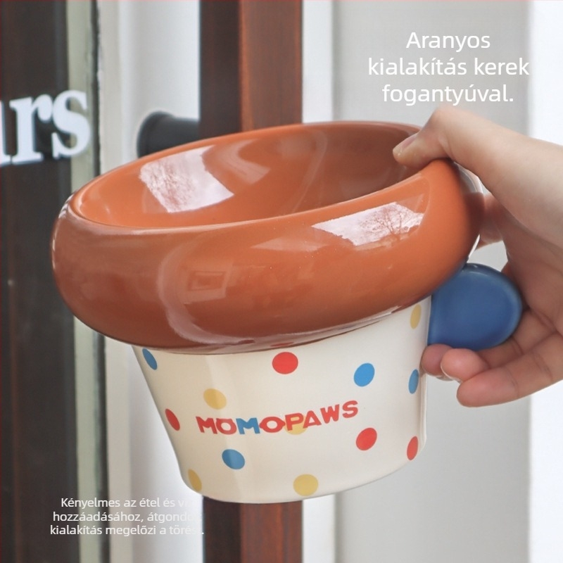 Kerek fogantyújú kerámia tál, koreai stílusú macska étel- és víztál, magas talppal, alglazúrral