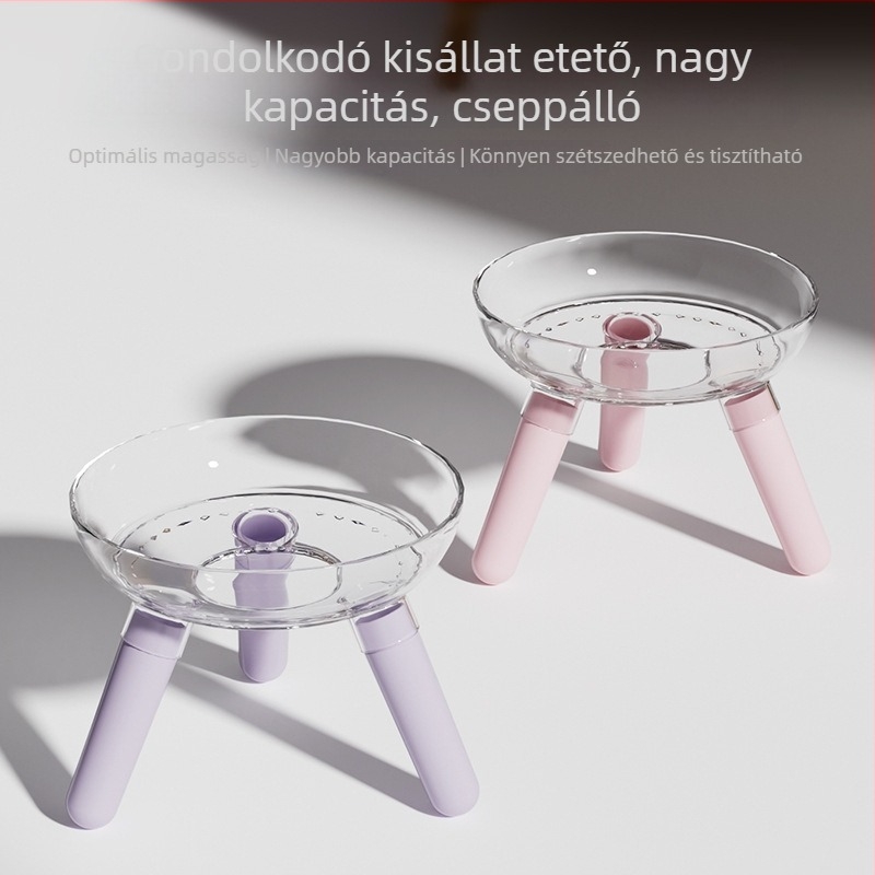 Macska és kutya etető- és itatótál, átlátszó üveg tál, automatikus etetés, műanyag + üveg konstrukció