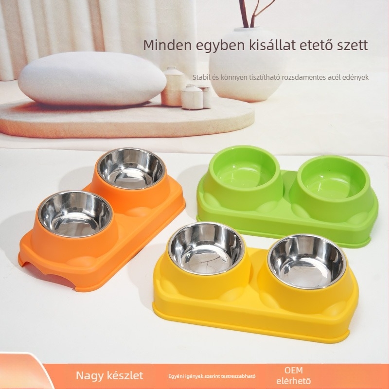 Műanyag etetőtál háziállatoknak, macskáknak és kutyáknak, kettős tál, integrált kialakítás, csúszásmentes, stabil