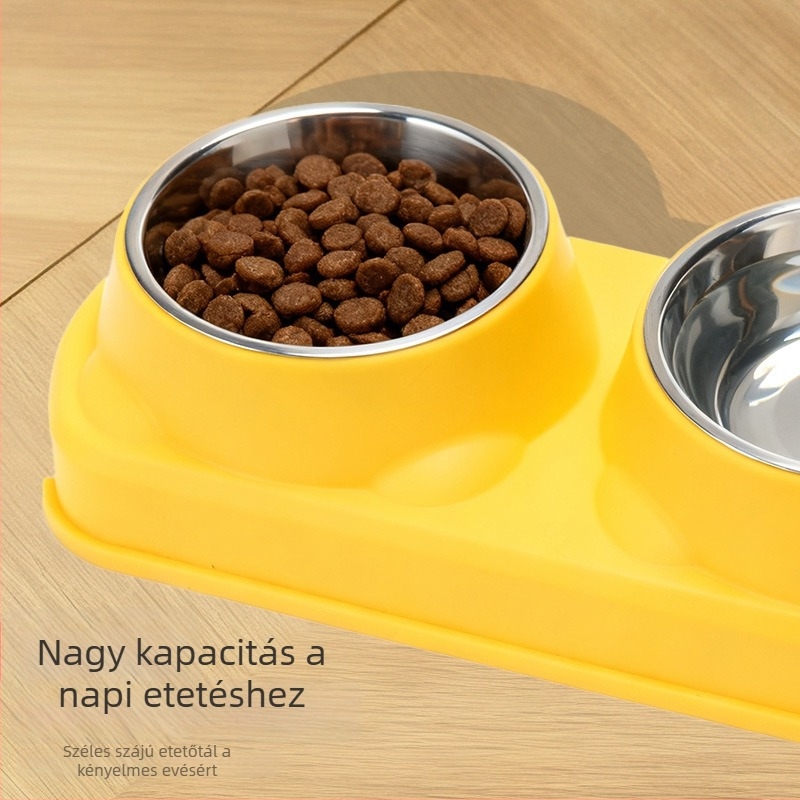 Műanyag etetőtál háziállatoknak, macskáknak és kutyáknak, kettős tál, integrált kialakítás, csúszásmentes, stabil