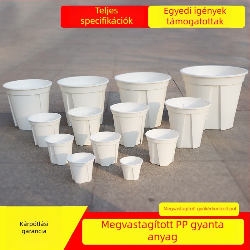 Wing Green megvastagított fehér-zöld kör alakú műanyag virágcserép gyökérkontrollal, átmérő 14-36 cm