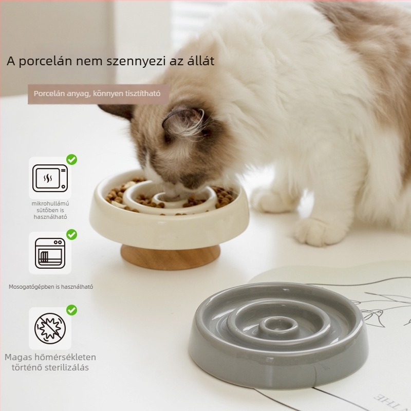 Macska lassú etető tál nyaki támasztékkal és anti-fulladással, fából készült, Xingmi Ceramic