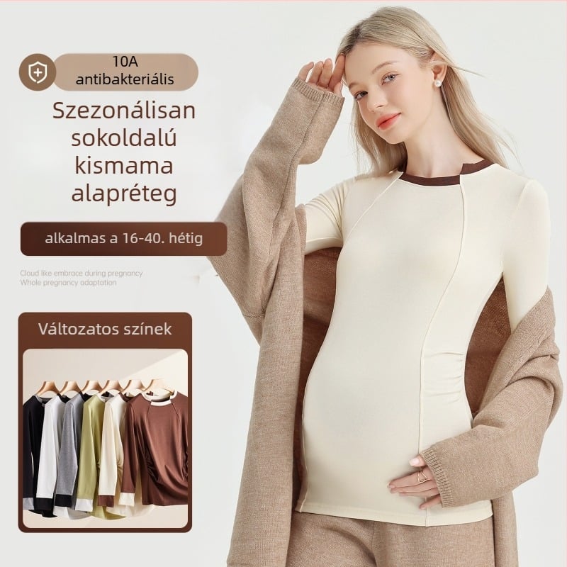 Terhességi hosszú ujjú felső, egyszínű minta, szabálytalan gallér, pamut 50–70%