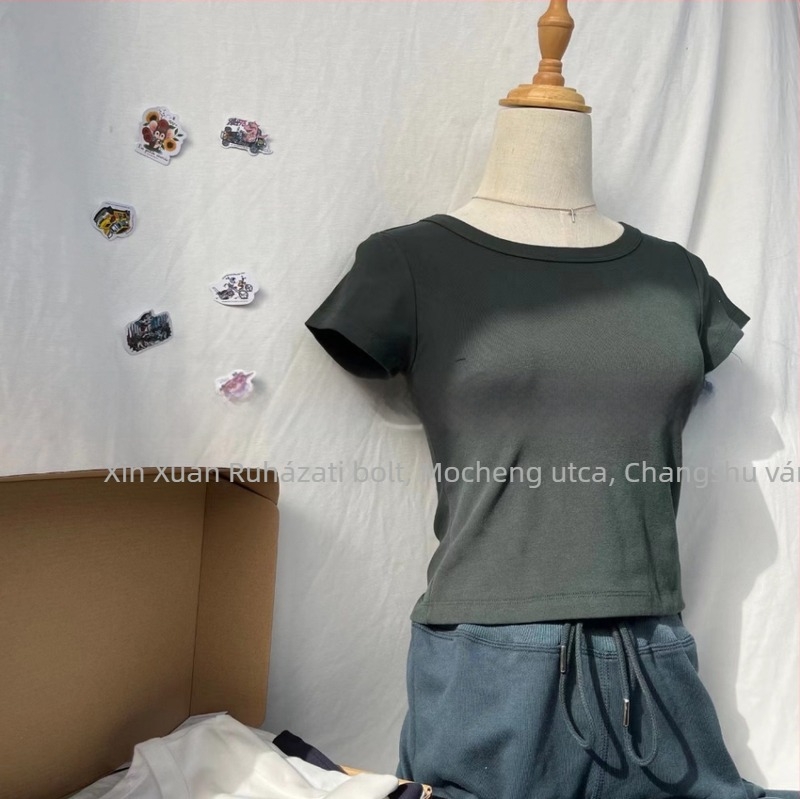 BM-stílusú női pamut crop top, rövid ujjú, kerek nyak, slim fit