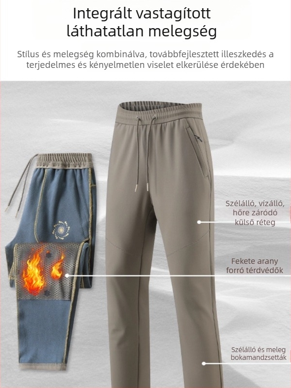 Kötött férfi meleg nadrág fleece béléssel, szél- és vízálló téli egyenes szabású nadrág, mindennapi viselet térdvédővel