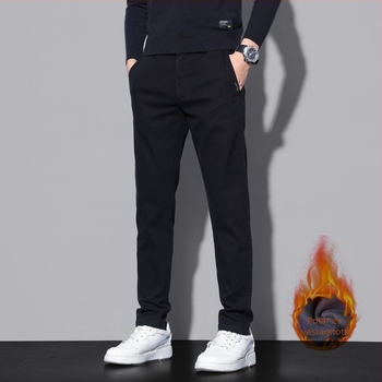 Koreai stílusú férfi egyenes szabású nadrág, magas derék, fleece belsővel, pamut–poliészter–elasztán keverék (69.3% pamut / 29.5% poliészter / 1.2% elasztán), 3D szabás, mikro-elasticitás, ősz 2024