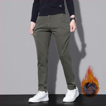 Koreai stílusú férfi egyenes szabású nadrág, magas derék, fleece belsővel, pamut–poliészter–elasztán keverék (69.3% pamut / 29.5% poliészter / 1.2% elasztán), 3D szabás, mikro-elasticitás, ősz 2024