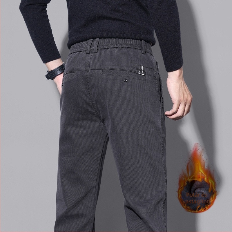 Koreai stílusú férfi egyenes szabású nadrág, magas derék, fleece belsővel, pamut–poliészter–elasztán keverék (69.3% pamut / 29.5% poliészter / 1.2% elasztán), 3D szabás, mikro-elasticitás, ősz 2024