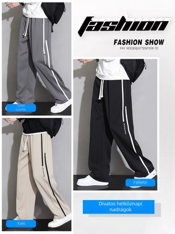 Férfi sportos nadrág fleece béléssel, lazán szabott egyenes szár, középtáji derék kötőzsinórral, 100% poliészter, csíkos mintázat