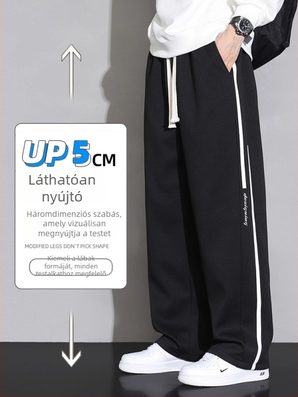 Férfi sportos nadrág fleece béléssel, lazán szabott egyenes szár, középtáji derék kötőzsinórral, 100% poliészter, csíkos mintázat