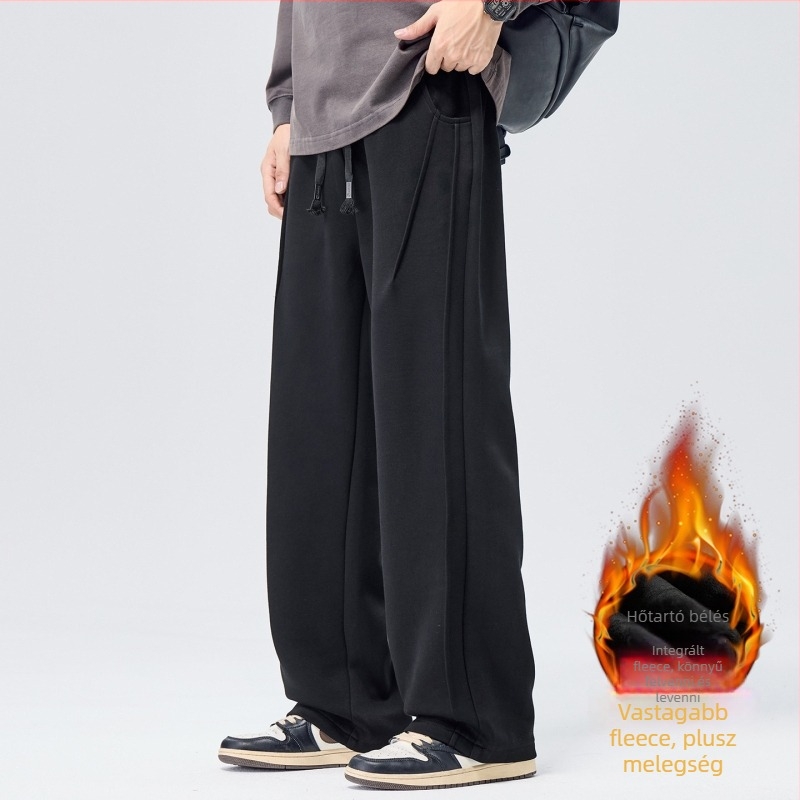 Férfi őszi-téli hosszú szabadidőnadrág, széles láb, laza egyenes szabás, középmagas derék, kötőzáras zárás, pamut-poliészter keverék