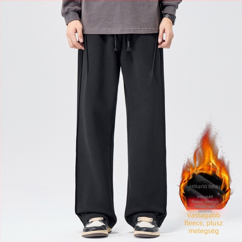 Férfi őszi-téli hosszú szabadidőnadrág, széles láb, laza egyenes szabás, középmagas derék, kötőzáras zárás, pamut-poliészter keverék