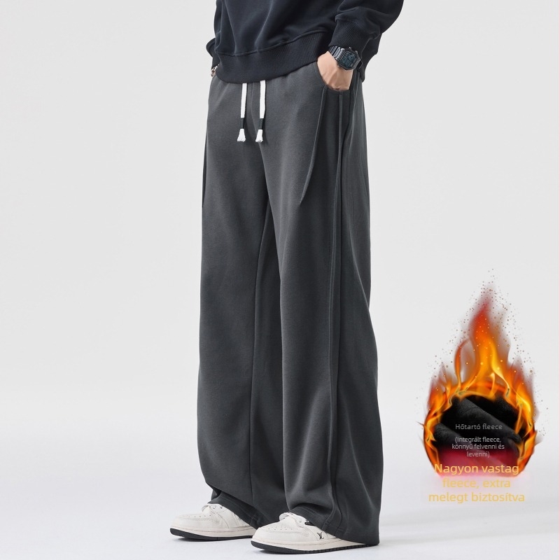 Férfi őszi-téli hosszú szabadidőnadrág, széles láb, laza egyenes szabás, középmagas derék, kötőzáras zárás, pamut-poliészter keverék