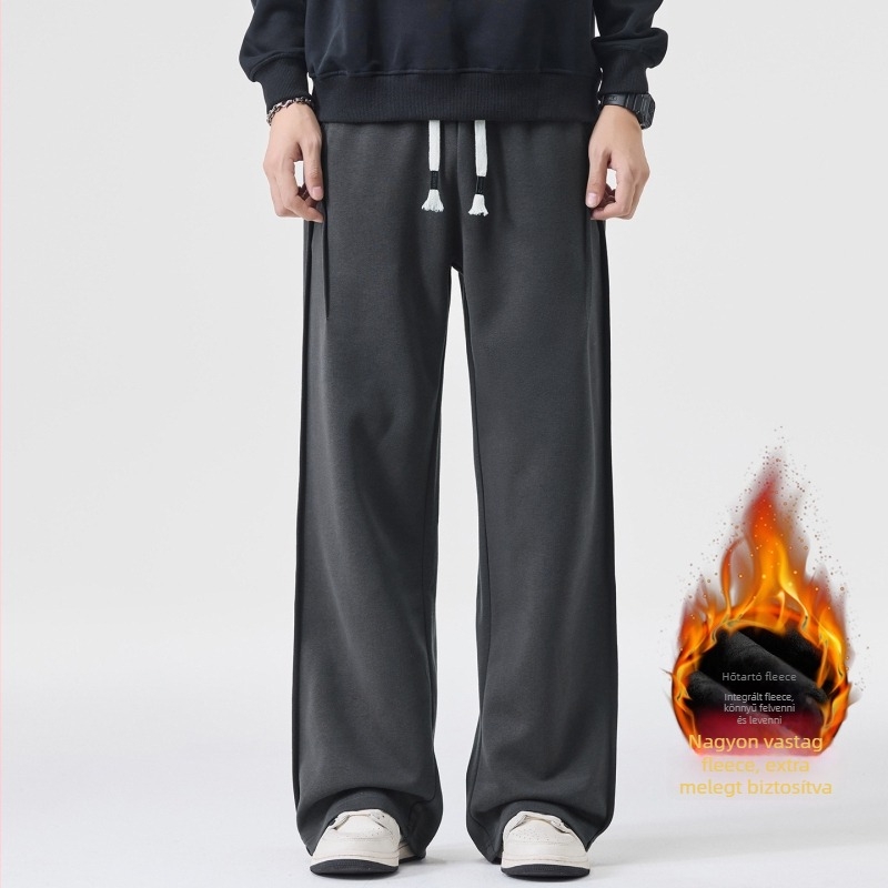 Férfi őszi-téli hosszú szabadidőnadrág, széles láb, laza egyenes szabás, középmagas derék, kötőzáras zárás, pamut-poliészter keverék