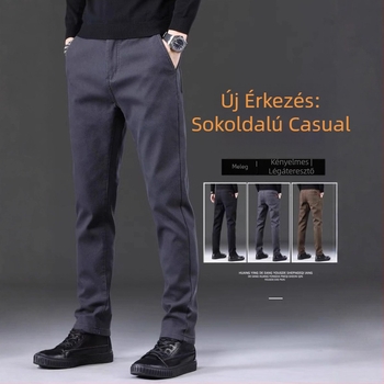 Férfi hétköznapi egyenes szabású nadrág fleece-béléssel, középmagasságú derékkal, övvel és cipzárral