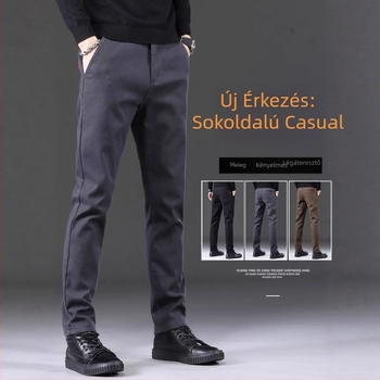 Férfi hétköznapi egyenes szabású nadrág fleece-béléssel, középmagasságú derékkal, övvel és cipzárral