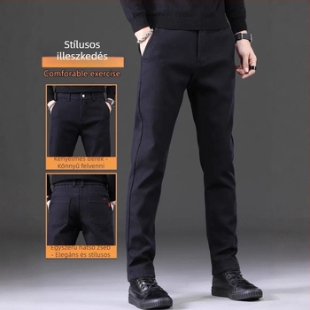 Férfi hétköznapi egyenes szabású nadrág fleece-béléssel, középmagasságú derékkal, övvel és cipzárral