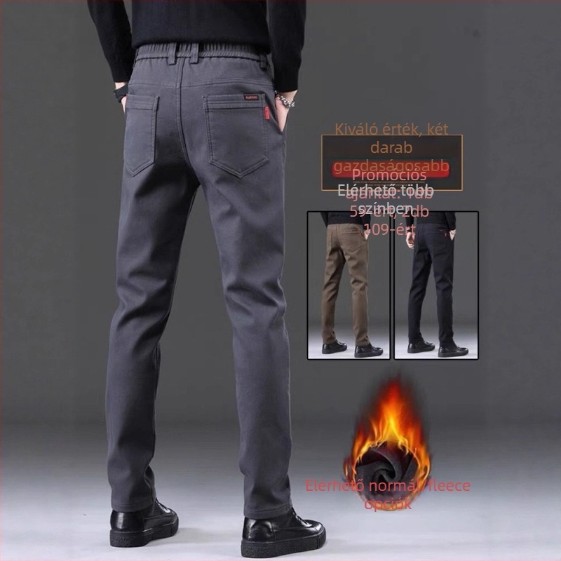 Férfi hétköznapi egyenes szabású nadrág fleece-béléssel, középmagasságú derékkal, övvel és cipzárral