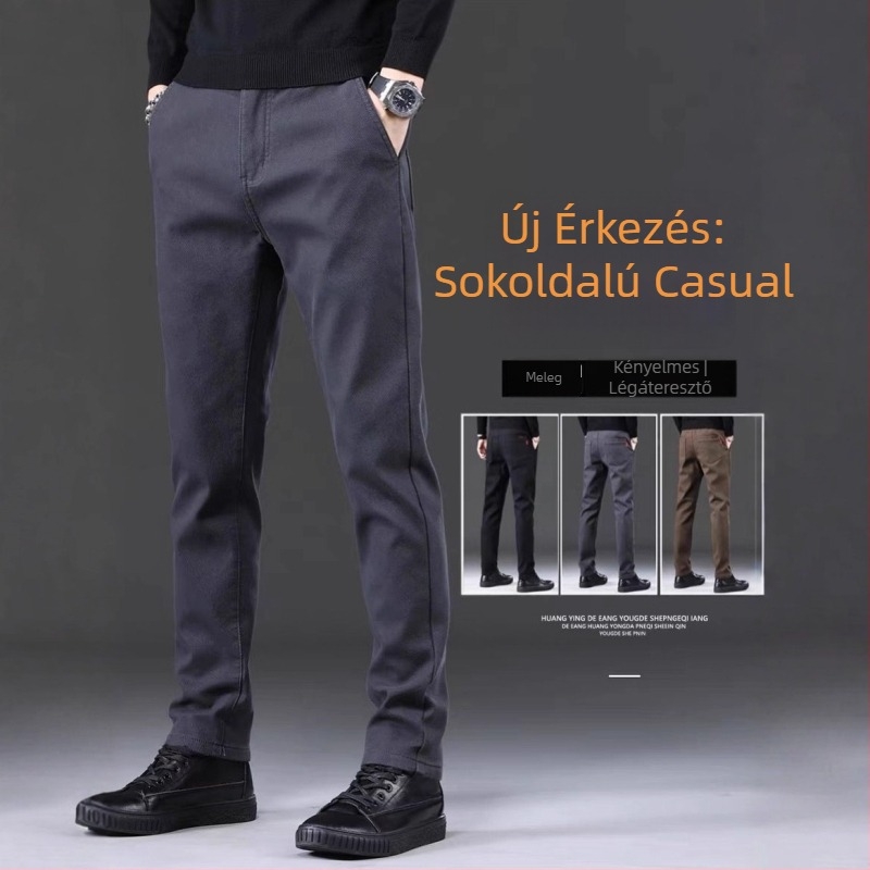 Férfi hétköznapi egyenes szabású nadrág fleece-béléssel, középmagasságú derékkal, övvel és cipzárral