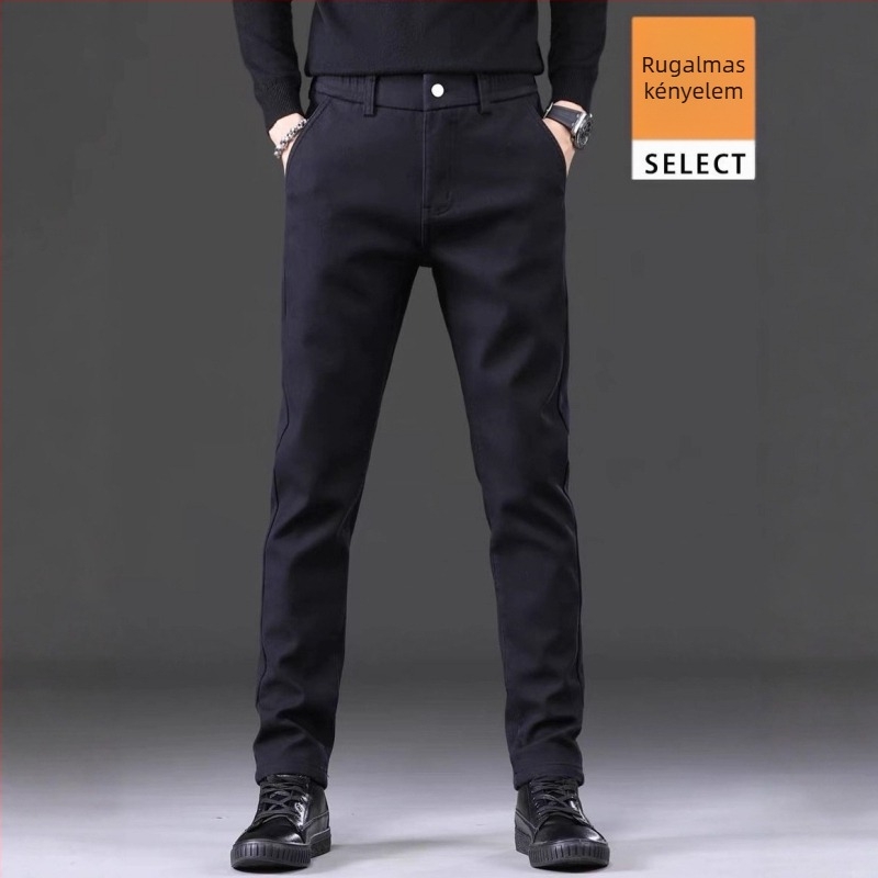 Férfi hétköznapi egyenes szabású nadrág fleece-béléssel, középmagasságú derékkal, övvel és cipzárral
