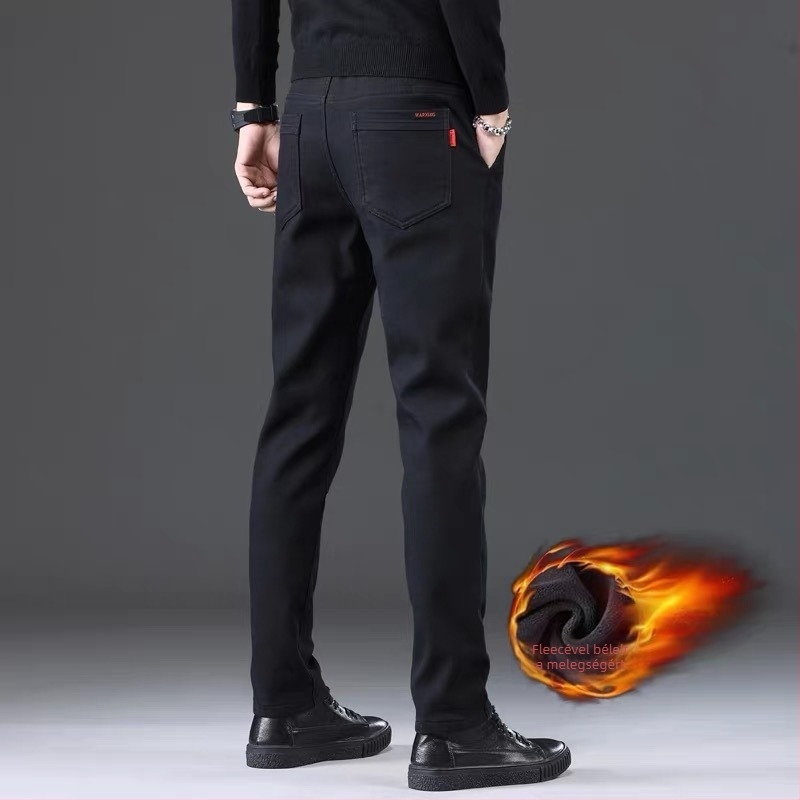 Férfi hétköznapi egyenes szabású nadrág fleece-béléssel, középmagasságú derékkal, övvel és cipzárral