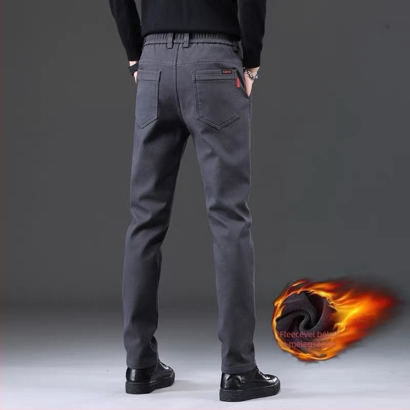 Férfi hétköznapi egyenes szabású nadrág fleece-béléssel, középmagasságú derékkal, övvel és cipzárral