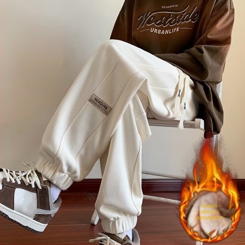 Férfi fleece-béléssel készült sportnadrág, kényelmes casual viselet, amerikai stílus, egyenes szabás, ősz-tél