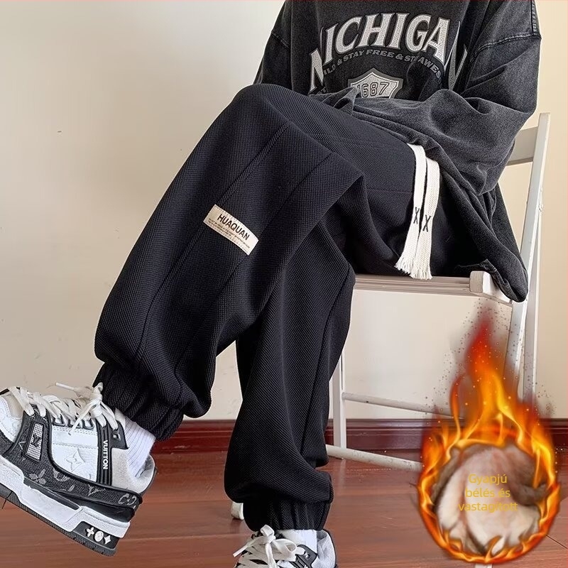 Férfi fleece-béléssel készült sportnadrág, kényelmes casual viselet, amerikai stílus, egyenes szabás, ősz-tél