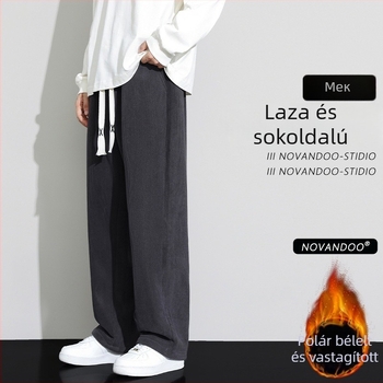 Corduroy sportos casual nadrág férfiaknak, lazán szabott, középmagas derék, kötős zárás, 100% poliészter