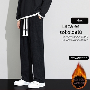 Corduroy sportos casual nadrág férfiaknak, lazán szabott, középmagas derék, kötős zárás, 100% poliészter