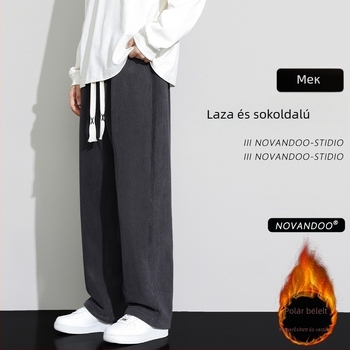 Corduroy sportos casual nadrág férfiaknak, lazán szabott, középmagas derék, kötős zárás, 100% poliészter