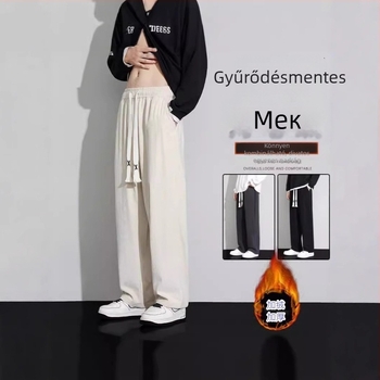 Corduroy sportos casual nadrág férfiaknak, lazán szabott, középmagas derék, kötős zárás, 100% poliészter