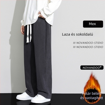 Corduroy sportos casual nadrág férfiaknak, lazán szabott, középmagas derék, kötős zárás, 100% poliészter