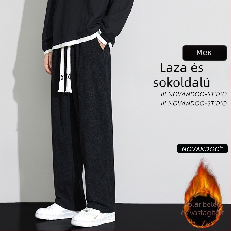 Corduroy sportos casual nadrág férfiaknak, lazán szabott, középmagas derék, kötős zárás, 100% poliészter