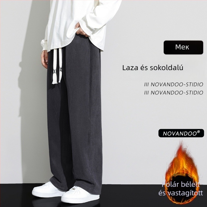 Corduroy sportos casual nadrág férfiaknak, lazán szabott, középmagas derék, kötős zárás, 100% poliészter