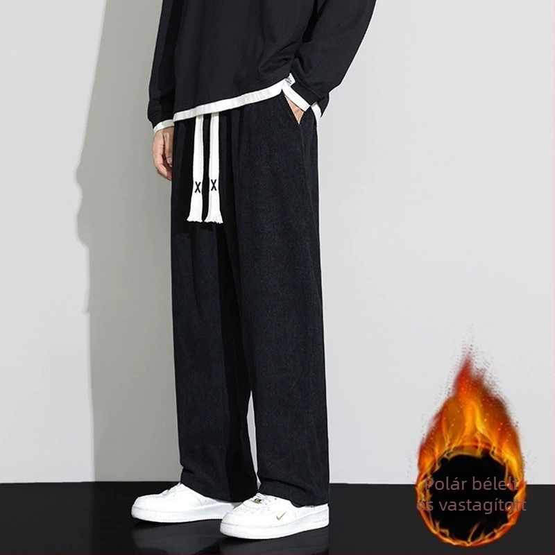 Corduroy sportos casual nadrág férfiaknak, lazán szabott, középmagas derék, kötős zárás, 100% poliészter