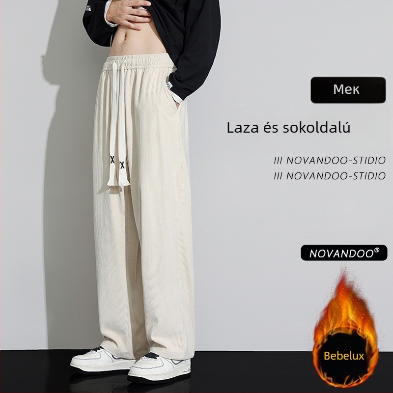 Corduroy sportos casual nadrág férfiaknak, lazán szabott, középmagas derék, kötős zárás, 100% poliészter