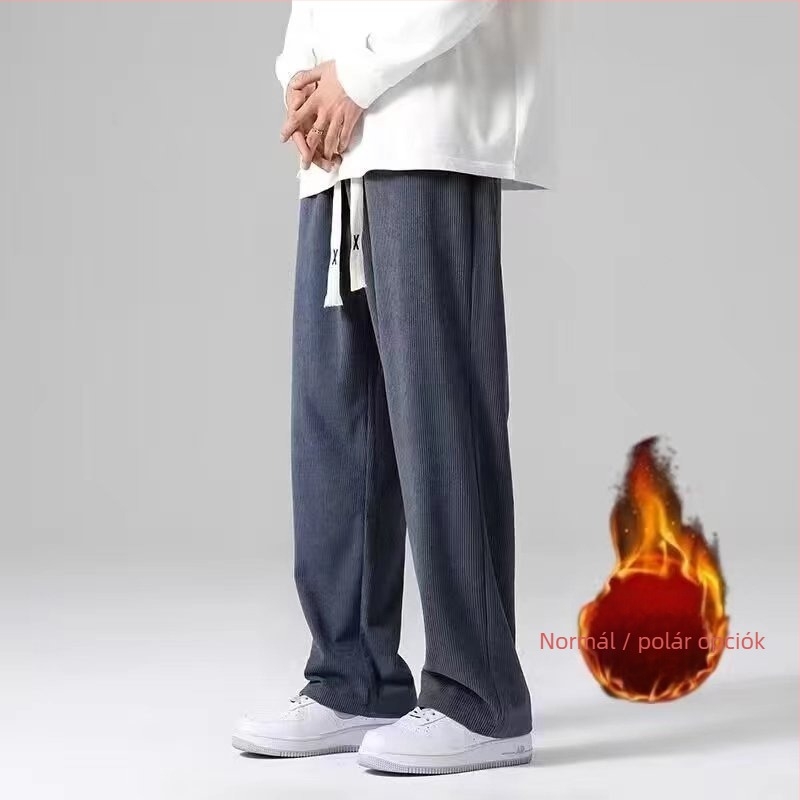 Corduroy sportos casual nadrág férfiaknak, lazán szabott, középmagas derék, kötős zárás, 100% poliészter