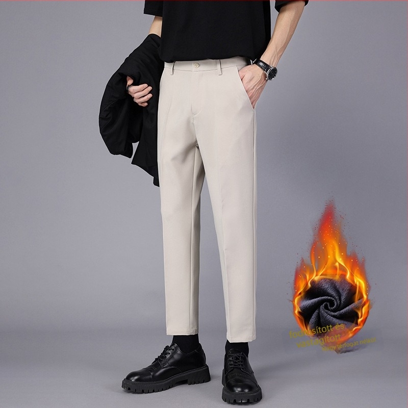 Fleece-béléssel ellátott férfi nadrág, egyenes szabás, középmagas derék, cipzár, poliészter-elasztán keverék