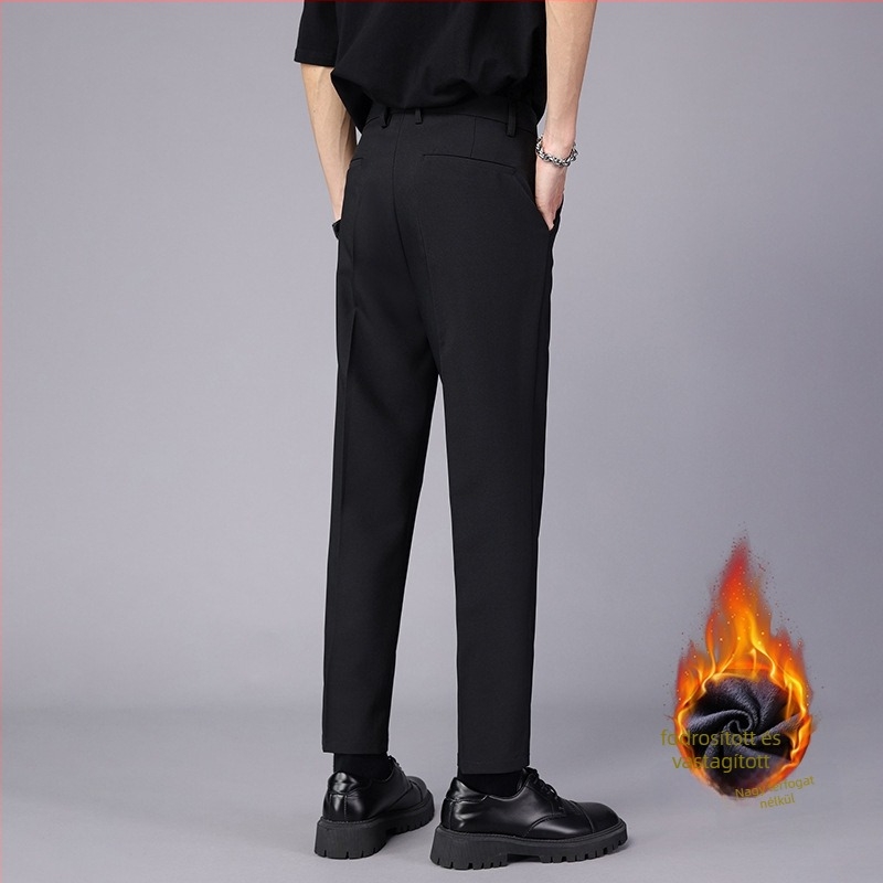 Fleece-béléssel ellátott férfi nadrág, egyenes szabás, középmagas derék, cipzár, poliészter-elasztán keverék