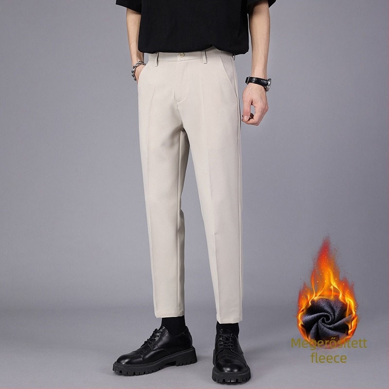 Fleece-béléssel ellátott férfi nadrág, egyenes szabás, középmagas derék, cipzár, poliészter-elasztán keverék