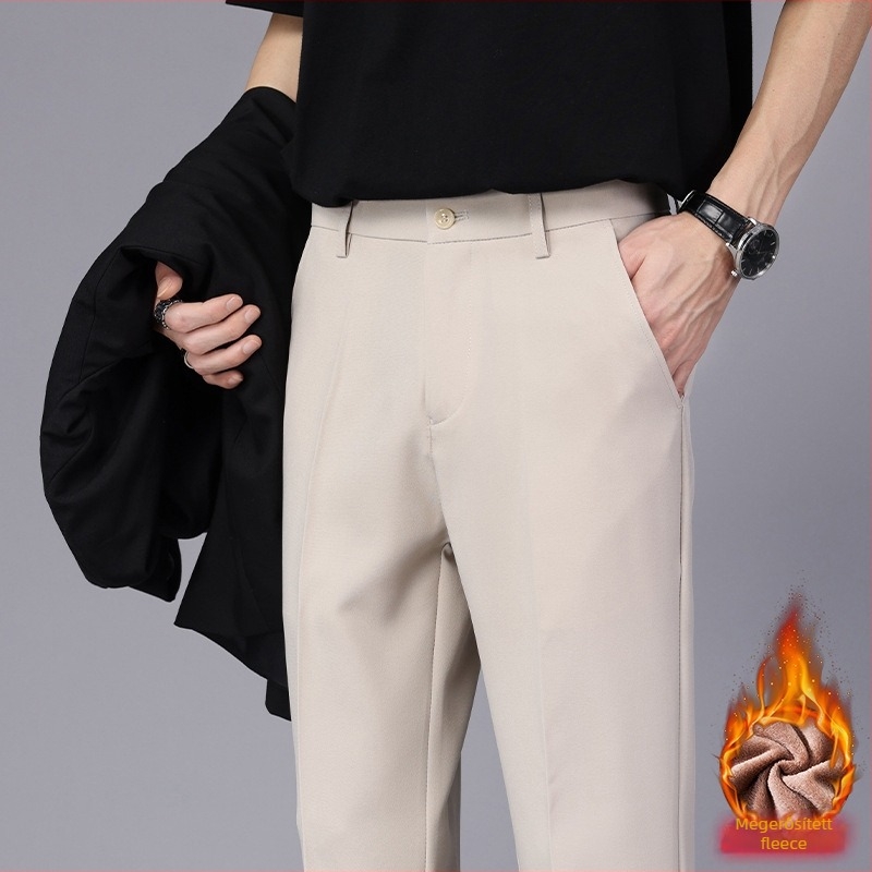 Fleece-béléssel ellátott férfi nadrág, egyenes szabás, középmagas derék, cipzár, poliészter-elasztán keverék