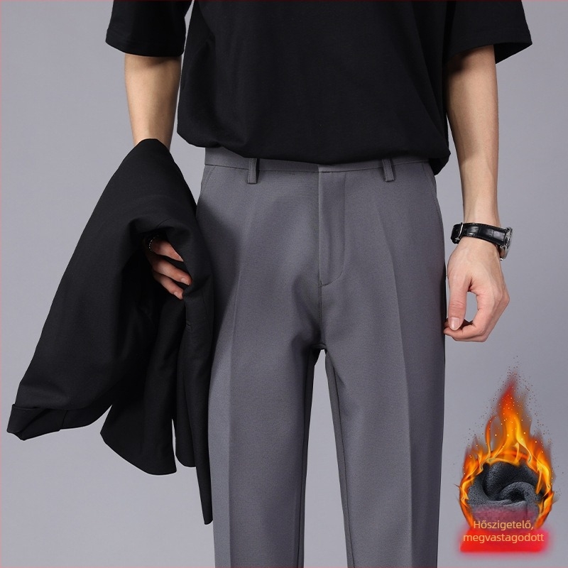 Fleece-béléssel ellátott férfi nadrág, egyenes szabás, középmagas derék, cipzár, poliészter-elasztán keverék