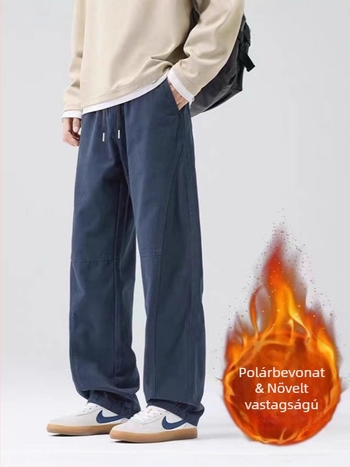 Férfi pamut nadrág fleece-belelt, egyenes szárú, középmagas derék, fűzőzárral záródik